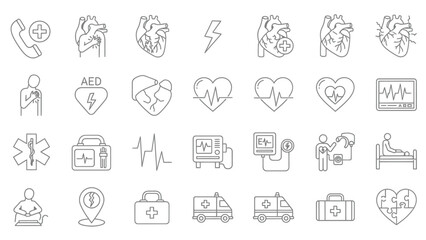 A collection of line art icons representing medical emergencies, cardiac care, and emergency response services, illustrating concepts of health, cardiology, and ambulance services.