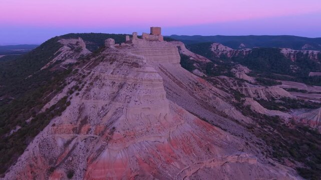 Aerial view from a drone of Sora Castle in Castejon de Valdejasa, in the Cinco Villas region. Zaragoza, Aragon, Spain, Europe	