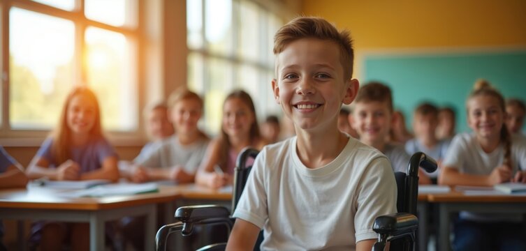 Happy disabled boy smiles in classroom. Child with special needs learns at school with students. Peers sit at desks in lesson. Inclusion for diverse children, showing disability awareness. Youth - Powered by Adobe