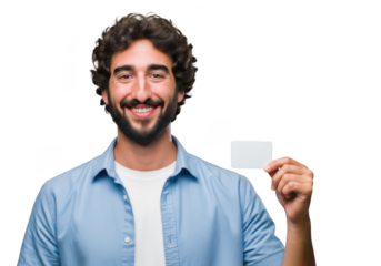 Smiling man with beard and glasses holding a small white card in his hand isolated on transparent background