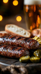 Grilled sausages with pickles and bread on wooden board with beer  