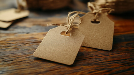 Blank kraft tags on rustic wooden background with twine  