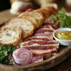 Platter of sliced meat with bread, onions, and mustard on wooden board  