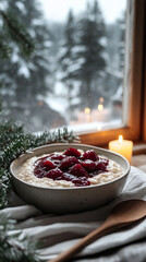 Warm oatmeal bowl with berries on a table by the window in winter  