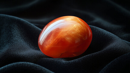 Polished orange gemstone resting on black satin fabric  