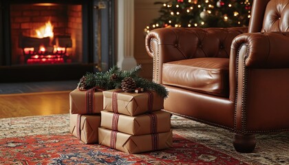 Obraz premium Stack of wrapped gifts rests near a warm fireplace beside a leather armchair with a decorated tree in the background