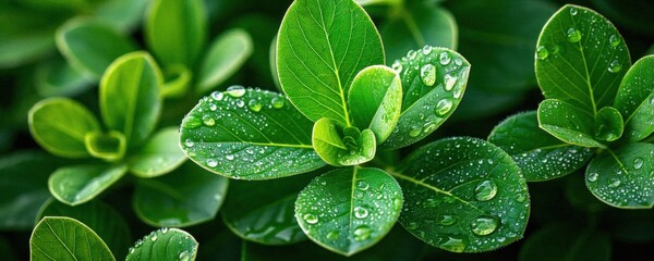 Lush green leaves with dewdrops, symbolizing freshness and nature's beauty.