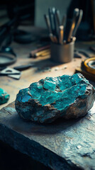 Rough emerald gemstone resting on a stone surface in workshop  
