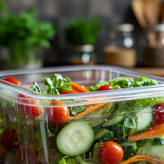 Fresh salad in clear plastic container on wooden kitchen table  