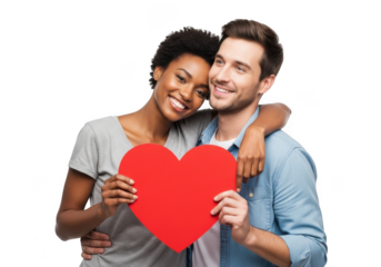 Joyful interracial couple embracing tenderly holding a large red heart symbol of love and affection isolated on transparent background