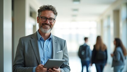 Fototapeta premium Smiling middle aged professor stands in university hall. Man holds digital tablet. People walk in the background. Mature instructor wearing glasses looks at the camera