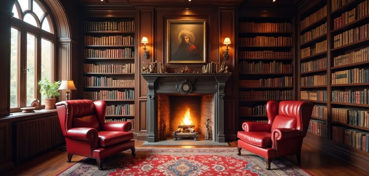 Classic library interior features leather armchairs near lit fireplace. Floor to ceiling bookshelves filled with old books. Large window offers natural light. Warm ambiance for reading relaxation.