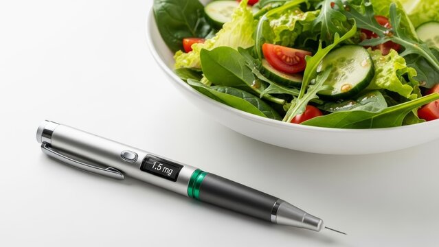 Fresh vegetable salad bowl and medical injection pen. Concept of healthy diet medication diabetes management weight loss treatment like semaglutide. Ideal healthcare nutrition blogs medical articles.