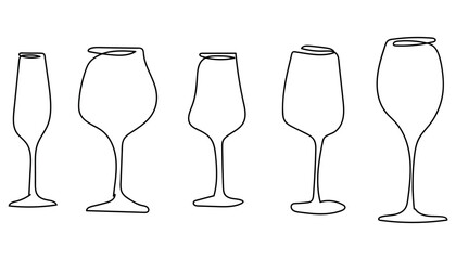 A minimalist line drawing of five different types of glasses on a white background.
