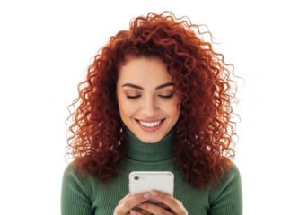 Smiling young woman with vibrant curly red hair looking down at her mobile phone screen isolated on transparent background