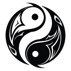Symbolic yin and yang intertwines with striking tribal patterns in the black and white design © Pinak