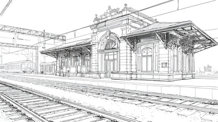 Fototapeta premium Detailed Drawing of Train Station with Train in Background