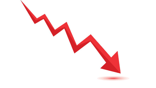 A red downward trending arrow with a zigzag pattern signifies a decline or negative trend.