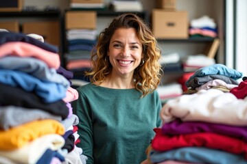confident woman surrounded by neatly organized piles of clothing, with a warm smile as she selects items to donate to a charity organization.