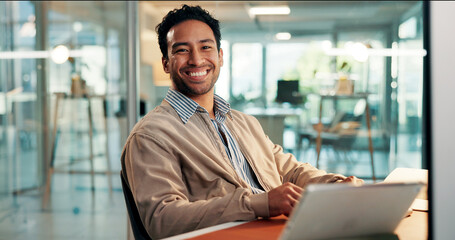 Design, portrait and smile of business man at desk in office for complete task or satisfaction....