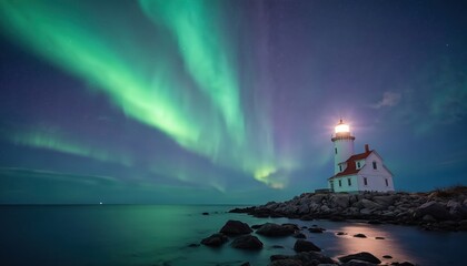Lighthouse stands on rocky coast illuminated by vibrant green aurora borealis. Northern lights dance across the night sky above the ocean. Amazing scenic photo of nature wonder.