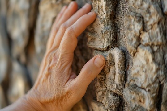 elderly hand resting against rough tree bark closeup capturing wrinkles touch memory nature connection warm sunlight gentle emotion concept of aging, healthcare, wellbeing