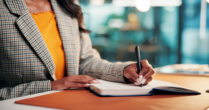 Hands, writing and notebook at startup for review, proposal or research article at media company. Person, writer or journalist with planning story, editing or project management at creative agency