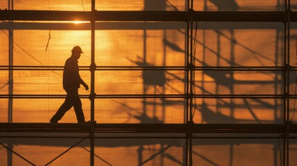 Silhouette of construction worker walking on scaffolding at sunset