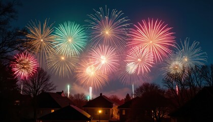 Spectacular colorful fireworks explode in night sky over suburban homes. Bright pyrotechnic display creates joyful event atmosphere. Festive celebration for holidays like New Year or Independence Day.
