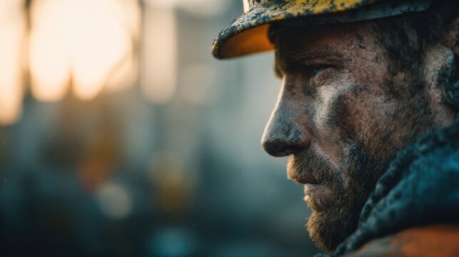 Close-up of a construction worker with a dirty face and a determined gaze