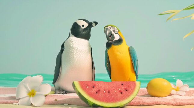 Penguin and parrot playing happily on a sunny beach with watermelon and tropical details. Whimsical summer moment &mdash; perfect for fun branding, social media ads, children&rsquo;s content and creative storytel