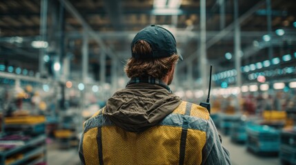 Warehouse worker in safety vest surveys the industrial facility