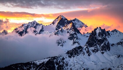 Majestic snow-capped mountain peaks illuminated by a vibrant sunset sky with dramatic clouds and soft mist swirling around the rugged terrain during golden hour