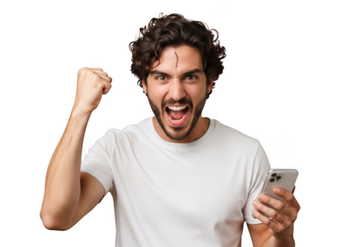 Excited man with curly hair shouting with joy holding a smartphone celebrating victory isolated on transparent background