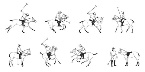 Set of black and white illustrations of polo players in various dynamic poses with horses