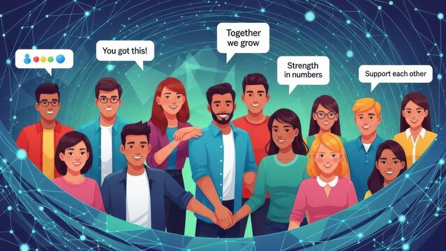 Diverse group of people collaborating and supporting each other in a modern digital network environment.