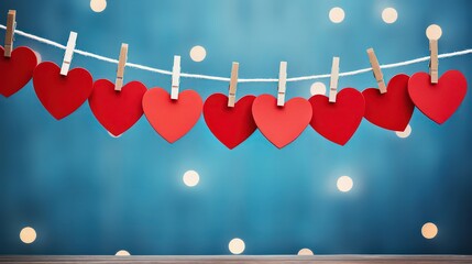 Cute hearts hanging on strings on isolated blue background. Valentine's Day background, Mother's day, birthday greeting cards, invitations, holiday concept.