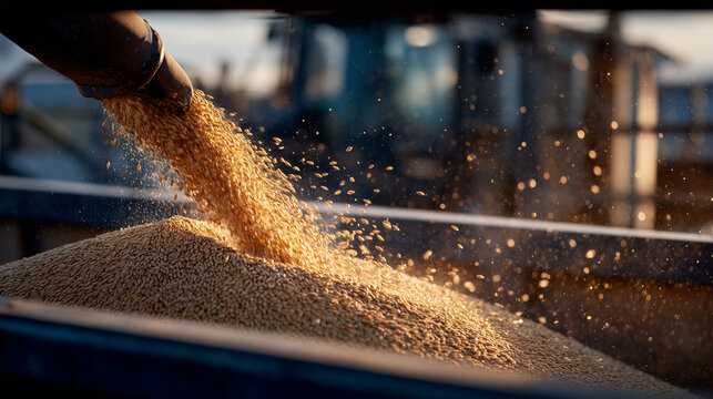Sunlit close-up of barley flowing from a steel loading pipe into a truck body, metal surfaces glowing warmly, illustrating modern grain logistics