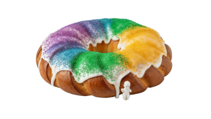 Mardi Gras king cake with colorful icing and sprinkles on white background and copy space