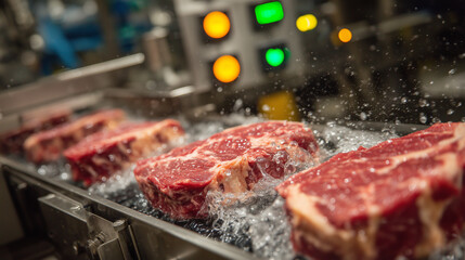 Intense close-up capturing the movement of glossy pink meat cylinders on a conveyor belt, with fine details of moisture and texture visible, set against a backdrop of factory machi