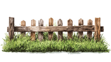 Naklejka premium Scenic Painting of Wooden Fence with Grass Lawn - Landscape Artwork