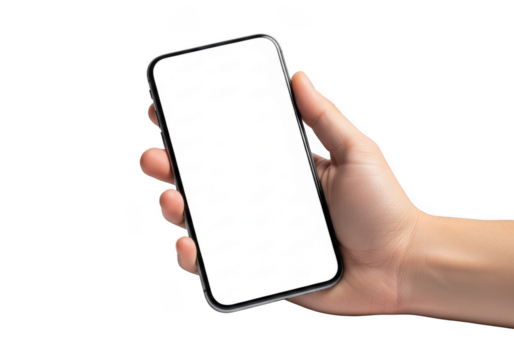 A human hand holding a modern smartphone with a blank gray screen in a studio setting isolated on transparent background - Powered by Adobe