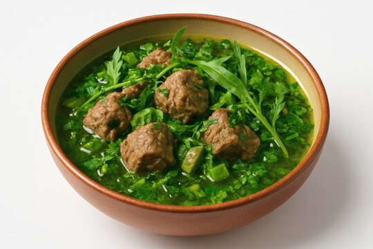 Georgian Chakapuli Traditional Lamb Stew on White Background, High-Quality Meat and Cuisine