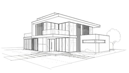 Architectural house sketch drawing of a new residential building plan or 3D home design concept