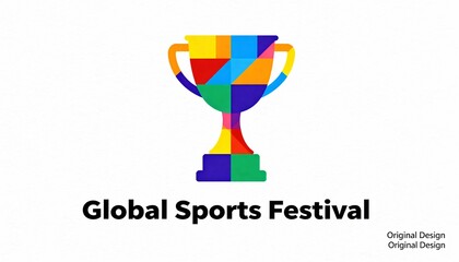 Colorful geometric trophy illustration for global sports festival with modern design and vibrant colors on white background