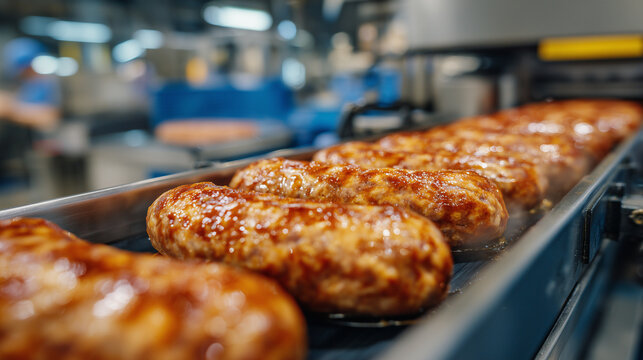 Industrial shot of a sausage production line with multiple stages visible: grinding, casing filling, twisting, and packaging, emphasizing modern machinery and automated workflow
