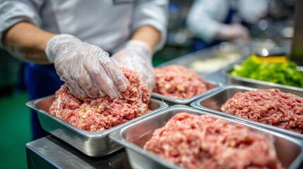 Obraz premium Macro view of hygienic food preparation: gloved hands pressing fresh ground meat into clear containers, pink meat vibrant against the muted green blur in the background