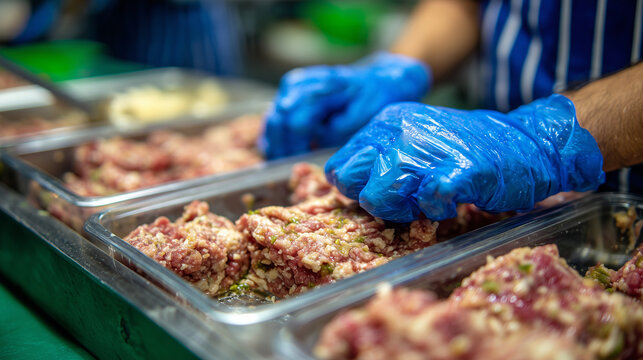 High-resolution image of blue-gloved hands arranging portions of raw minced meat into transparent trays, pink tones of meat contrasting with soft green background