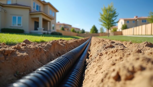 Black corrugated pipes laid in trench for drainage or sewage system. Installation of underground infrastructure at construction site near residential buildings on sunny day.