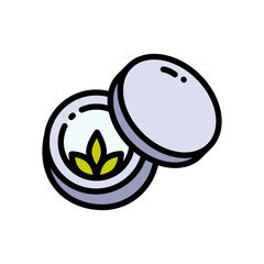 Open jar of cream. Cosmetics container. Skin care body and face skin, moisturizer cream, lotion. Natural organic cosmetics, bio skin care. Vector isolated color icon.